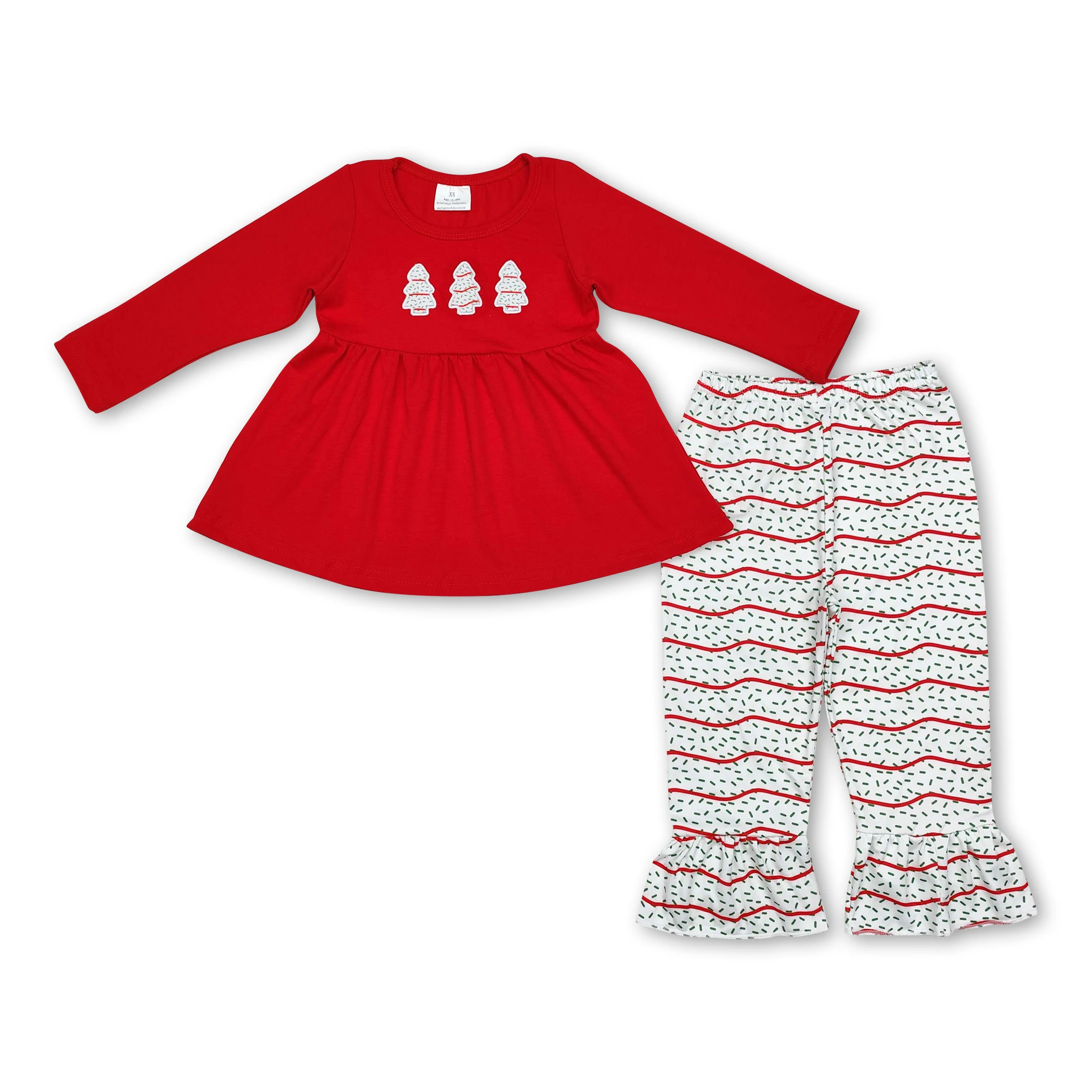 Festival style set embroidered Christmas tree cookies red ruffle long sleeve striped pant suit children girl clothing