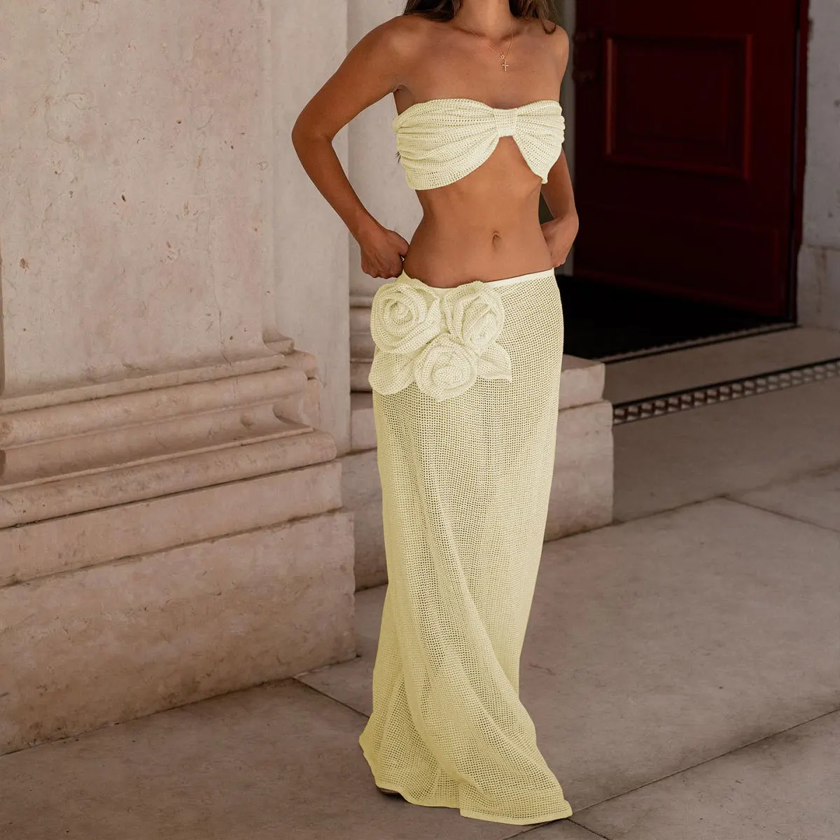 STOCK Two Colors Knots Bandeau Top Women 3Pieces Swimwear 3D Flower Thong Bikini Fishnet Long Skirt Sarong