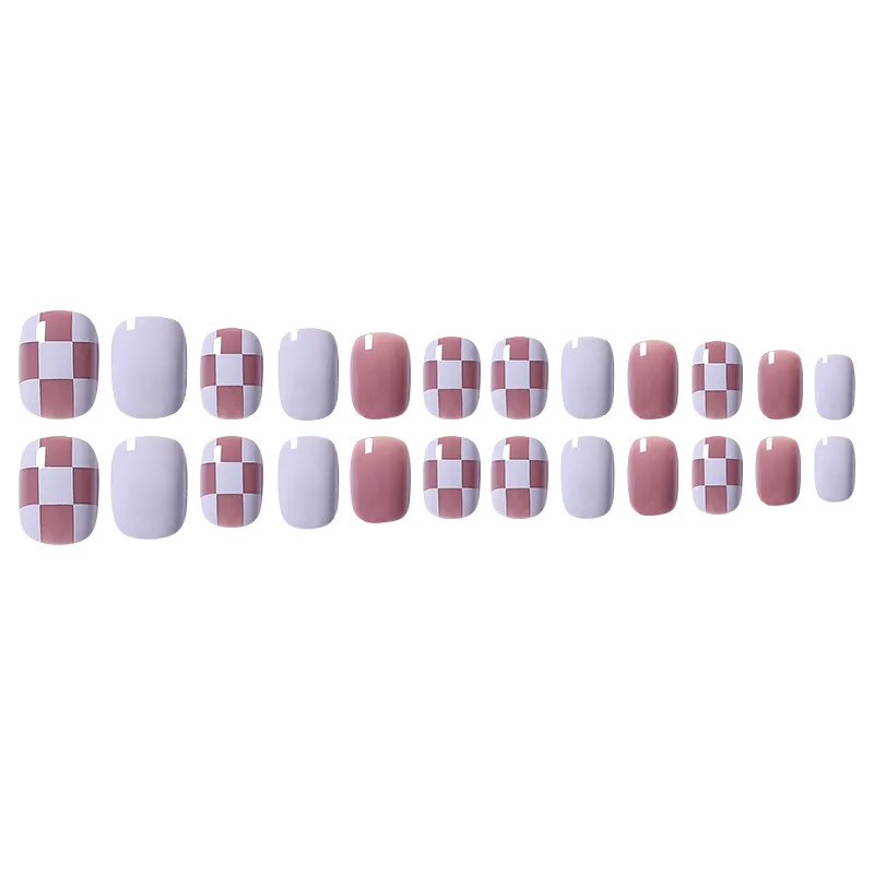 fake nails high quality  Pink and white checkerboard with false nails  Short false nails  Wholesale 24 pieces in box