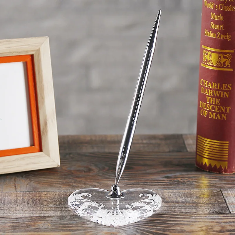 Manager Desk Top Counter Table Signature Clear Base Metal Holder Slim Black Silver Golden Pen Heart Crystal Wedding Guest Pen