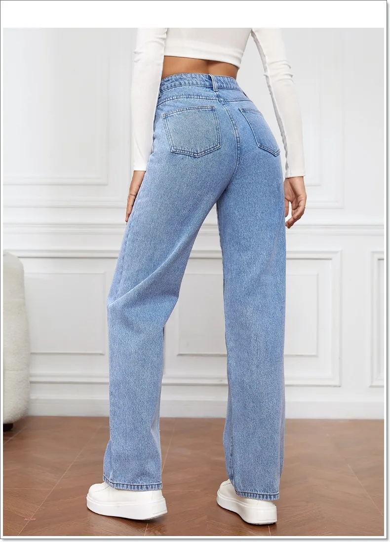 High Street women baggy jeans trousers high rise multi pockets faded washed denim wide leg cargo jeans