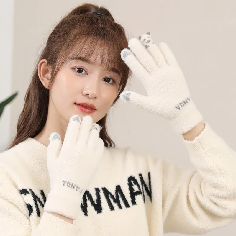 Winter Female Gloves Outdoor Imitation Cashmere Full Finger Gloves Girls Cute Panda Finger Gloves
