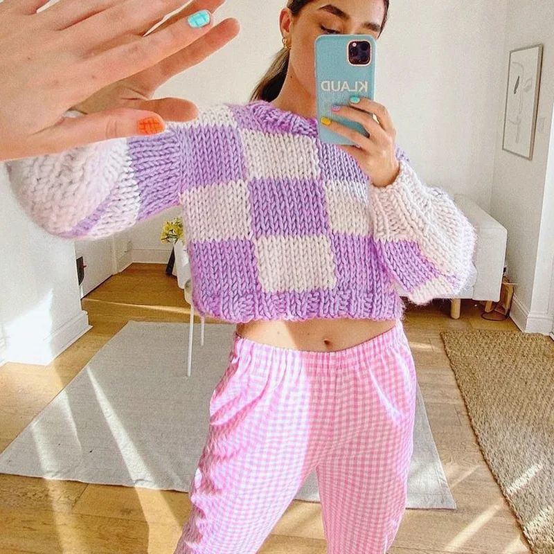 Женские свитера 2021 зимний клетчатый Вязаный топ с длинными рукавами пуловер Свободный укороченный вязаный свитер свитера с вырезом лодочкой женские топы