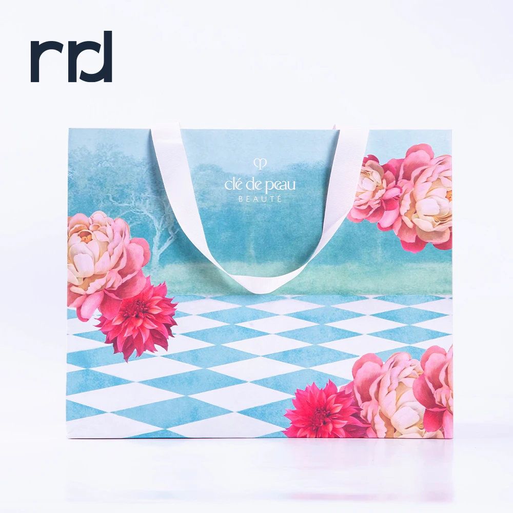 RR Donnelley Luxury Custom Printed Logo advanced sense of delicate flowers wrapped Birthday Party Paper Gift Bags with Handles