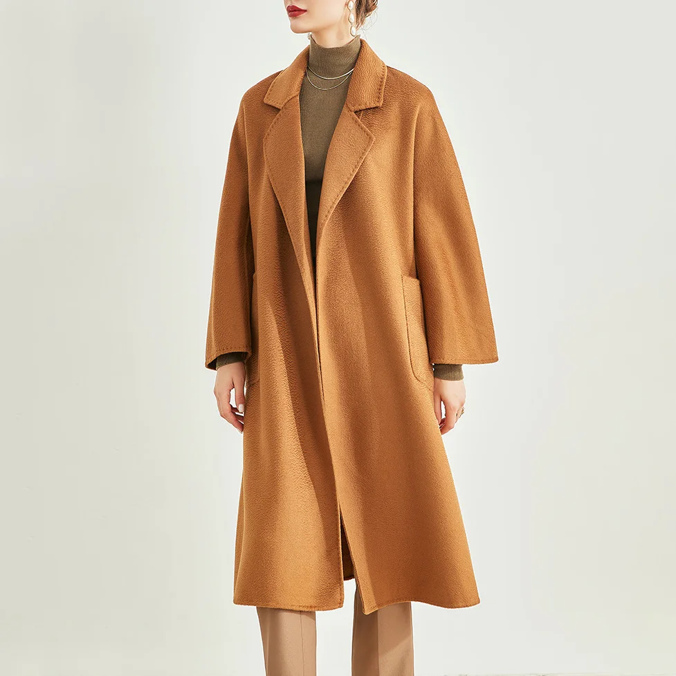QIUCHEN JM2021 wholesale women long wool cashmere jacket double faced long wool trench coat