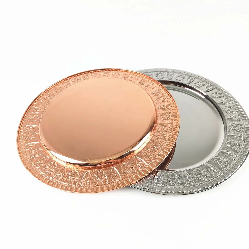 LIHONG 40cm luxury dinner tray stainless steel charger plates silver kitchen round dish serving plate for wedding