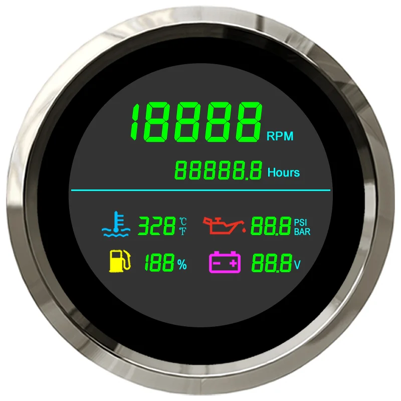 85mm LCD Multi function Fuel Gauge with Tachometer Hour Meter Water Temperature Oil Pressure for Boat Motorcycle bus/truck (1600308463181)