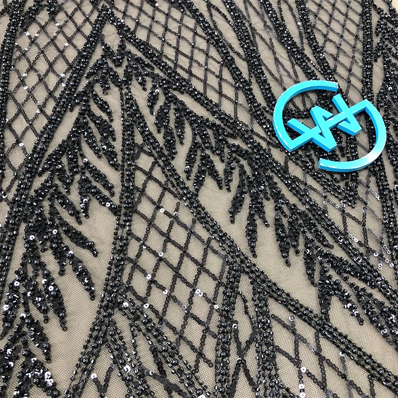 Fashionable beaded sheer lace fabric with black pearl beaded lace embroidery WS3398