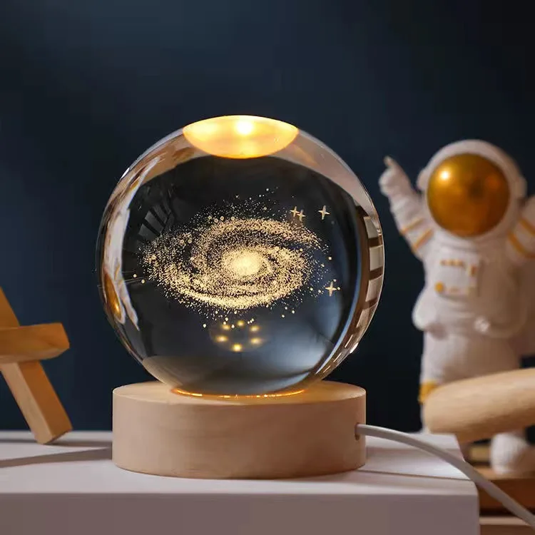 3D Galaxy гравированный лазерный хрустальный шар со светодиодным освещением деревянная