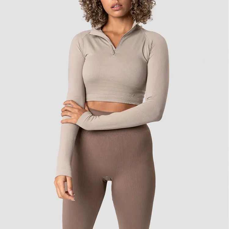 Eco Friendly Workout Gym Yoga Wear Long Sleeve 1/3 Zip Crop top Lightweight Fitness Jacket For Women