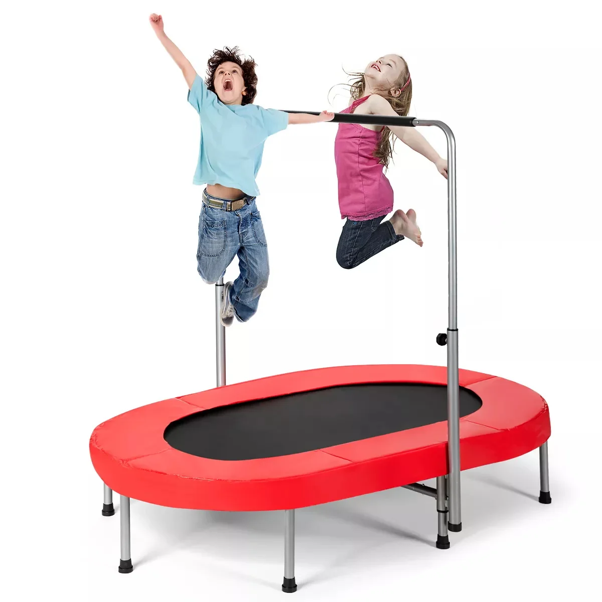 AJUNION Foldable Trampoline Double Mini Kids Fitness Rebounder Adjustable Handle Kids Trampoline