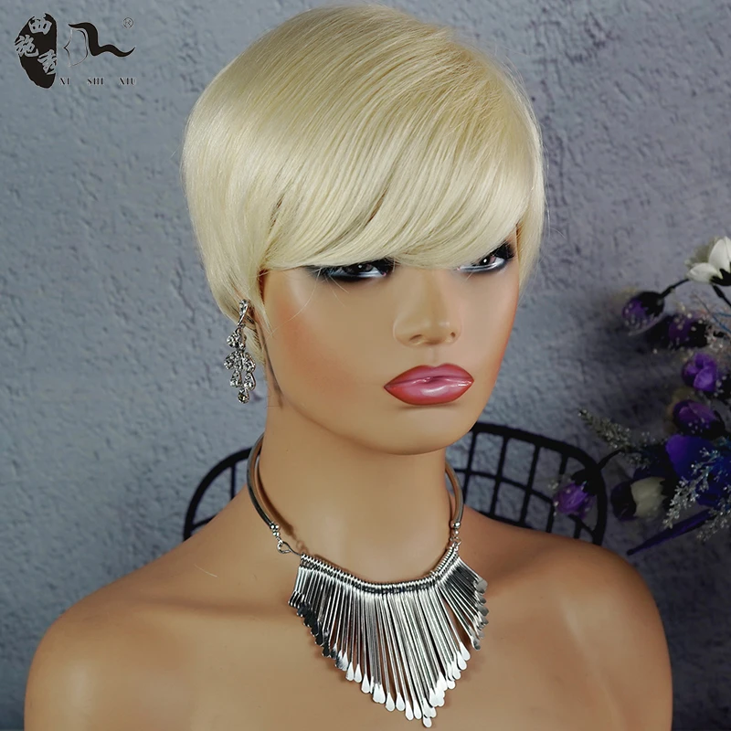 XISHIXIUHAIR Fashion blonde human hair bob wigs machine made cheap price pixie cut short hair wig 613 short wigs for black women