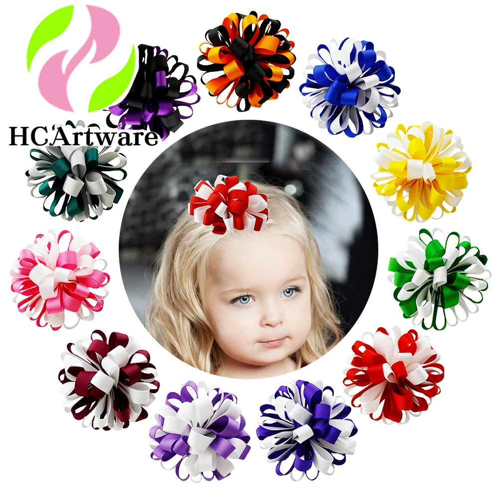 HCArtware Amazon hot sale New  ribbon hair accessories new design compound 3 inch hair bows for girls beauty flower hair clips