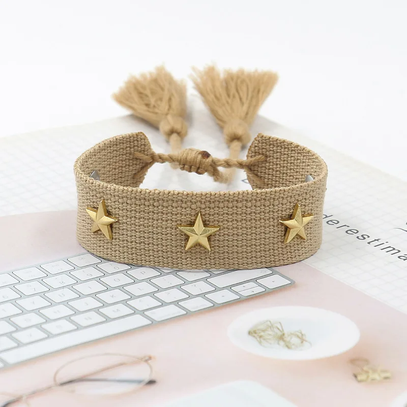 Metal star rivet ribbon woven tassel wrist strap with tassel handmade woven bracelet with texts
