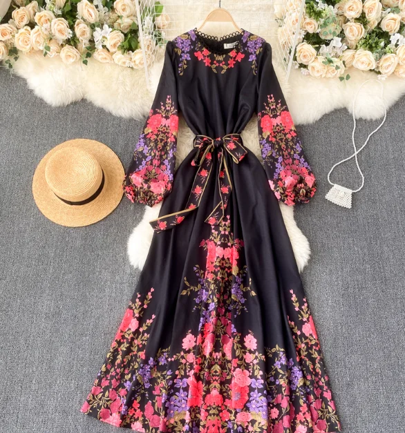 Retro ancient dress female autumn and winter new catwalk style retro print bubble sleeve slim long dress skirt