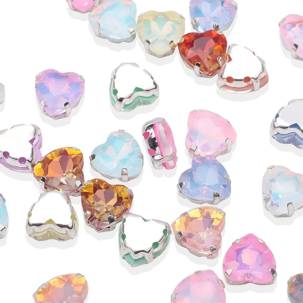 SZ Wholesale 10mm Heart Glass Sew On Rhinestones Mocha Opal AB Crystal Perforate Setting Claw Strass For Clothe Wedding Shoes