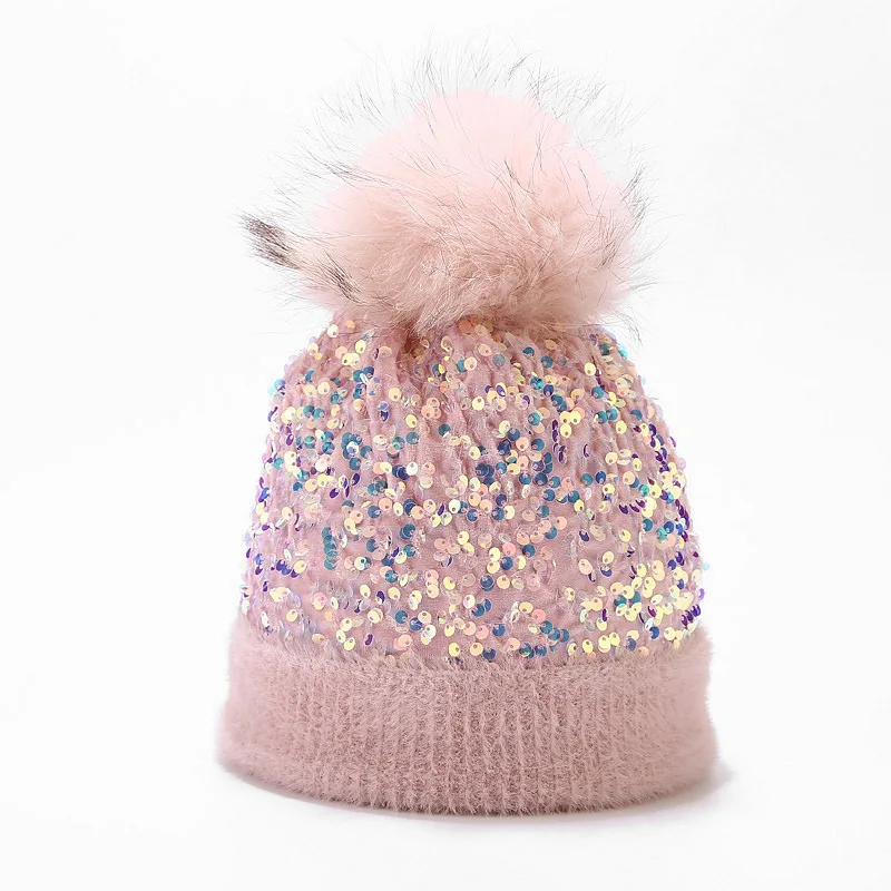 HZM-61066 Women Sequin Knitted Beanie Hat with Faux Fur Pom-Pom Shiny Bling Skull Cap