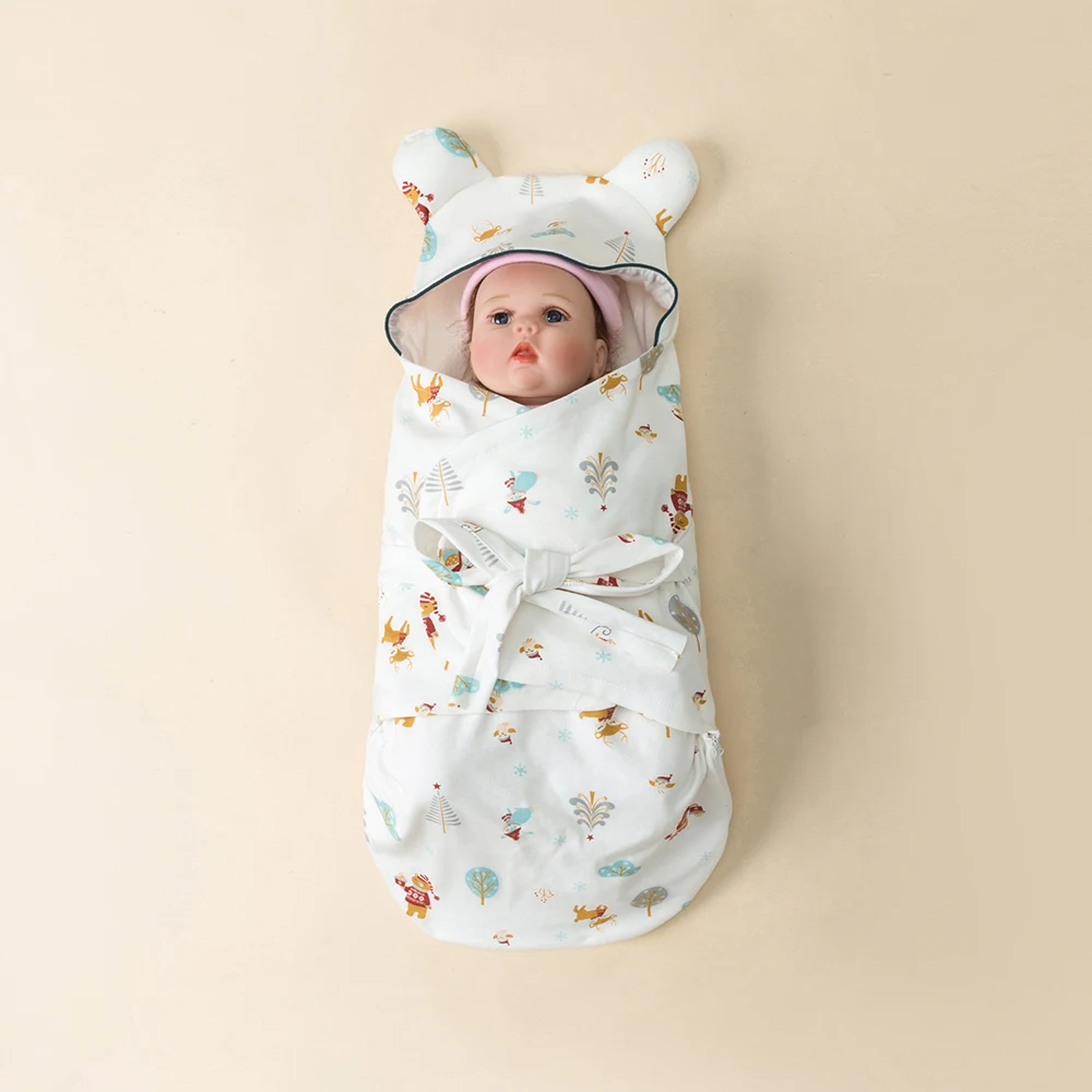 Hotsale Products High Quality Unisex Plant Printed Pink Blue White Color Super Soft Zipper Stretch Baby Swaddle Wrap With Hat
