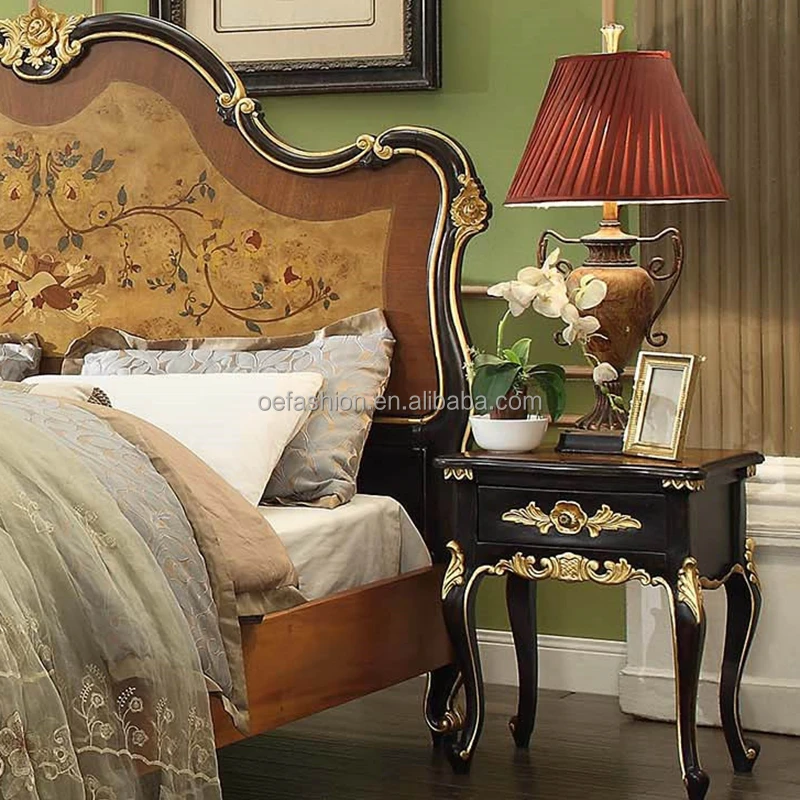 OE-FASHION High quality modern Italian style wood bed side table nightstand  Black Mirrored Nightstand with Gold bedside table