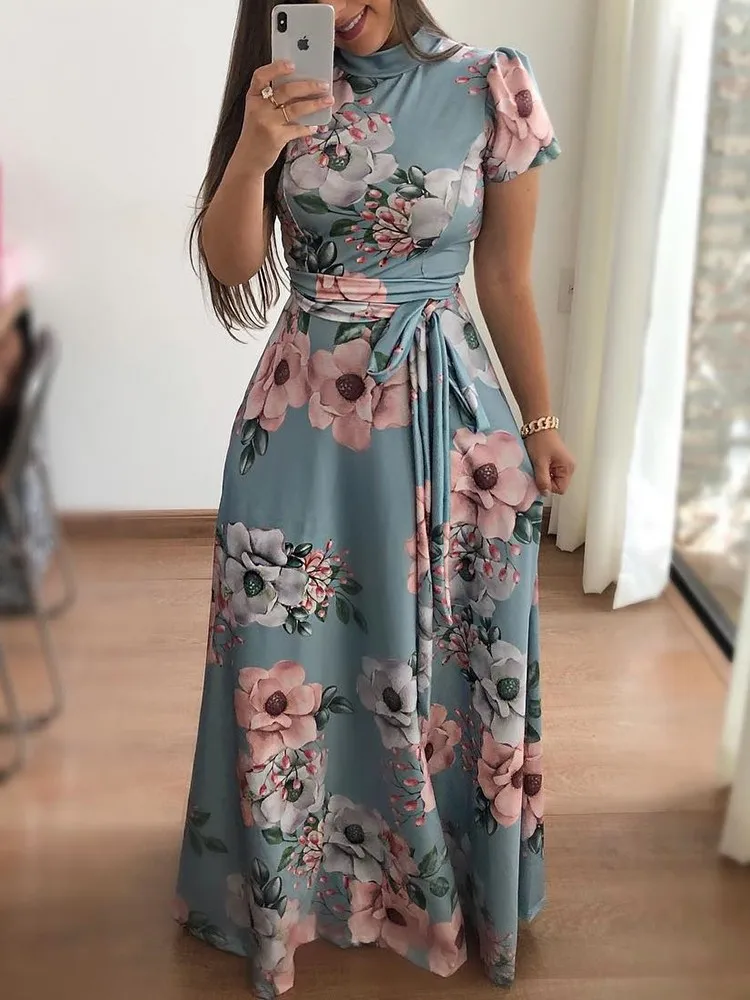 Autumn and Winter Leisure Printed Lace Long Skirt Dresses for Women