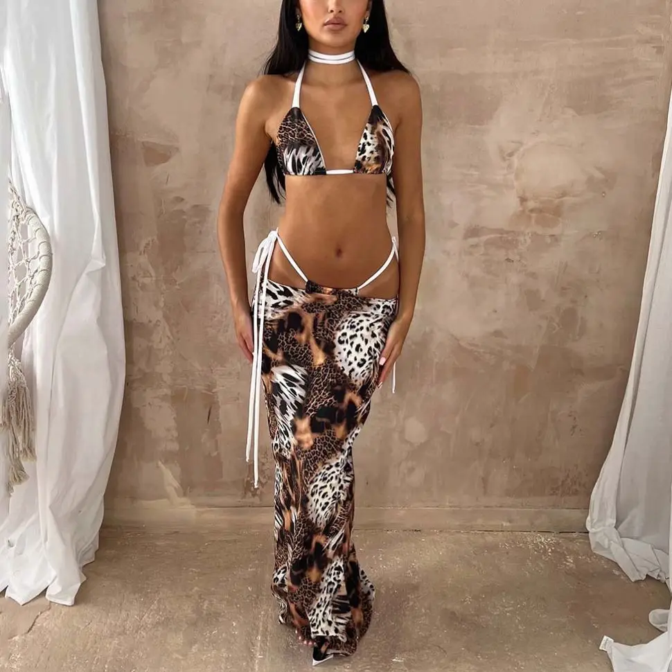 Small Orders Custom  Brand Logo Bikinis 3 Pieces Sets Woman Sexy Leopard Print Swimsuits