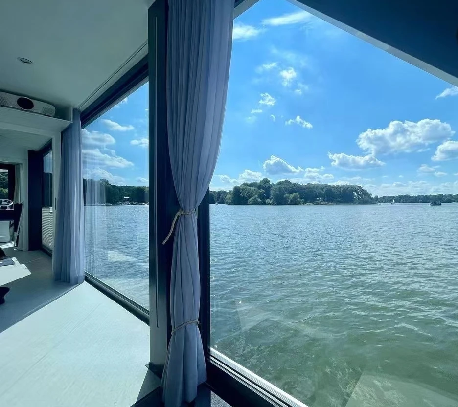 Allhouse Houseboat Floating Pontoon Boat with 2 Bedrooms Kitchen Amusement Park with Solar Panels Engine Marine Used Houseboat