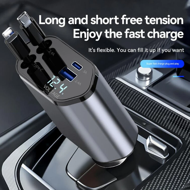 New 4in1 Multifunctional  100w 4 in 1 digital display fast charging charger retractable cable car charger with 2 charging cables