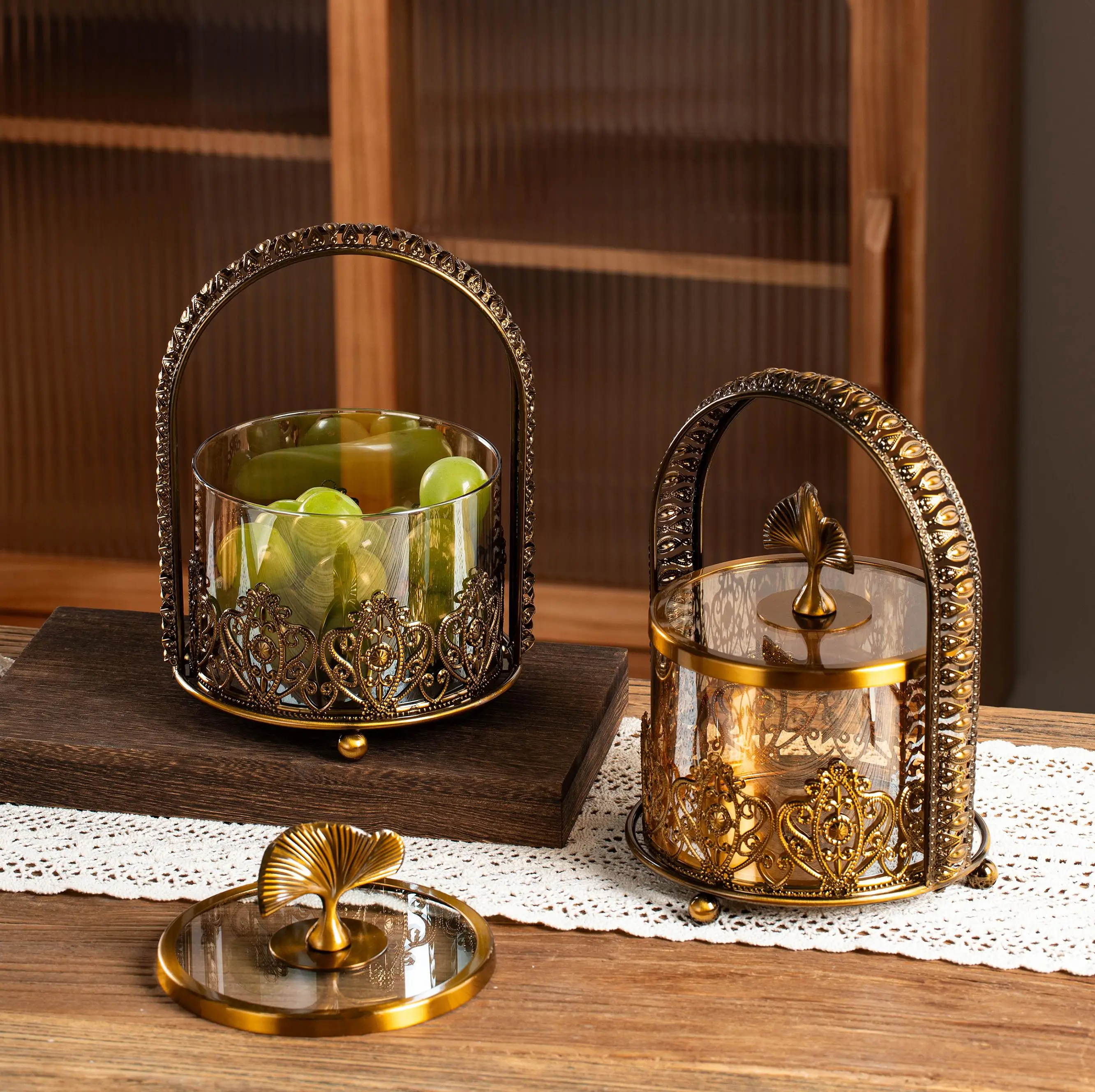 Wholesale Maple Leaf Cup Lid Glass Gold Glass Candy Can Household Snack Dried Fruit Can Storage Box