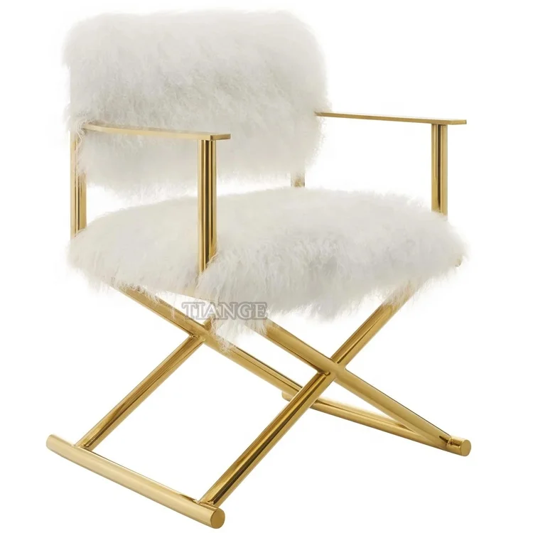 design Mongolian Fur Jodi White Sheepskin polished Gold Armchair