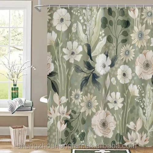 Boho Floral Shower Curtain, Summer Plant Leaves Fabric Cloth Shower Curtains for Chic Elegant Bathroom Decor