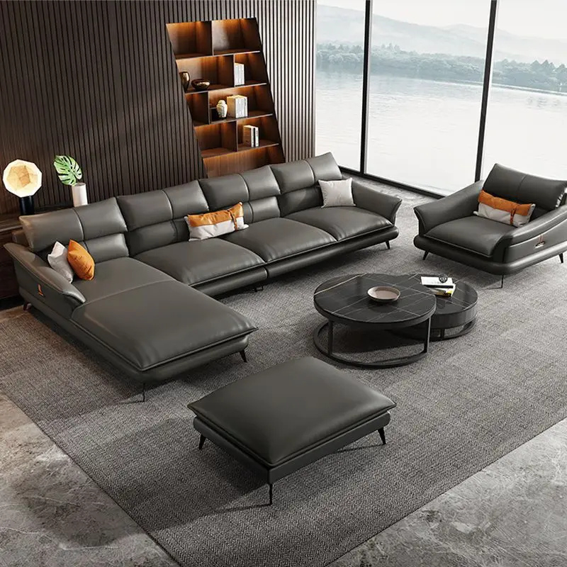 ATUNUS Modern leather sofa corner  living room Italian luxury leather black grey sofa l shaped sectional couch