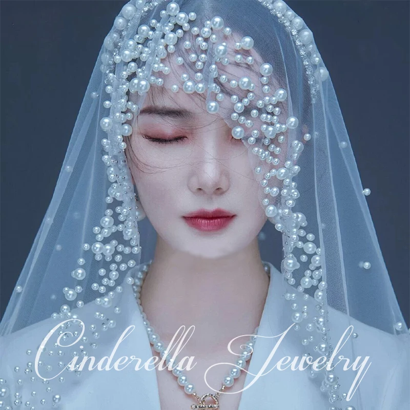 Women Wholesale Long Bridal Pear Veil  Appliqued Wedding Veils with Comb Around Hem Bead One  -Layeer 3.5M