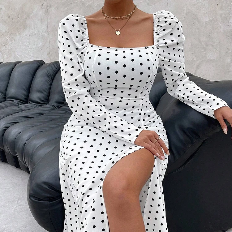 Custom Elegance Women Dot Printing Split Thigh Square Neck  Midi Dress  Long Sleeves Slim Fitted Dresses