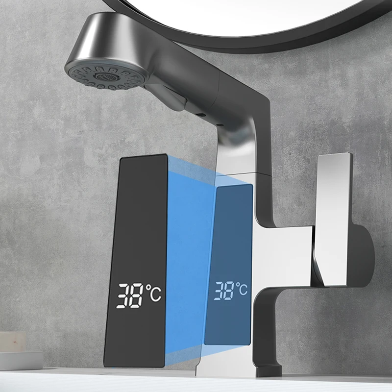 Modern Pull Out Intelligent Digital 360 Degree Rotary solid Brass pull out wash Basin Faucet Hot and Cold Mixer Tap
