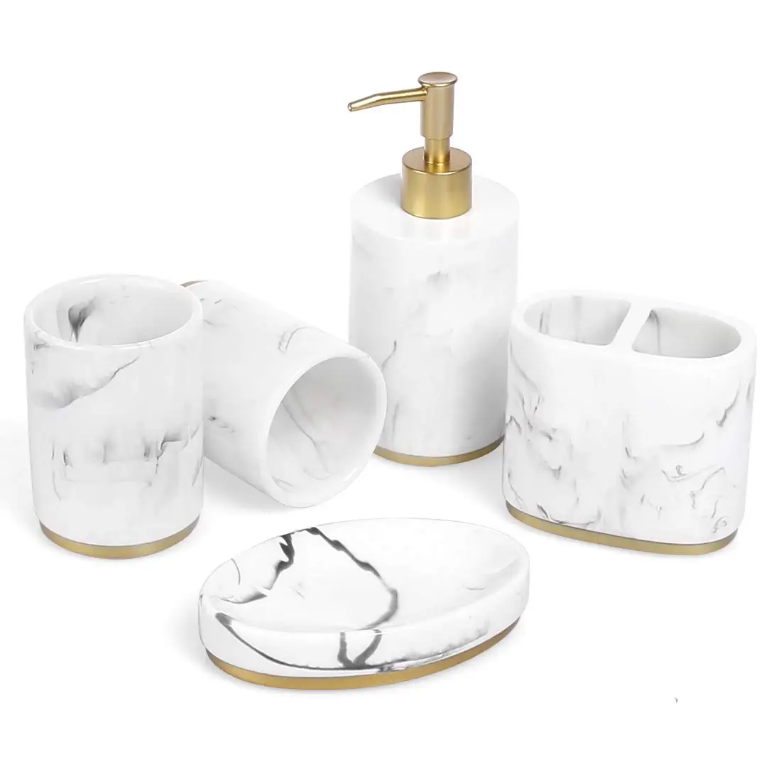 5 Pieces marble effect resin bathroom accessories set hotel gold bath accessories bathroom sets with soap dispenser