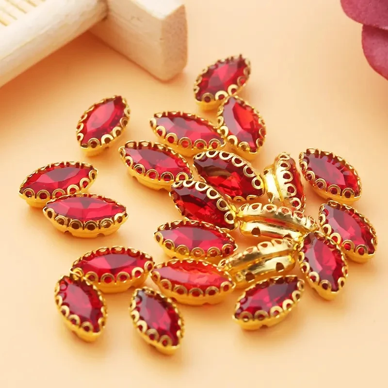 Hot Sale Popular Marquise Rhinestone with Golden Lace Claw Sew On Glass Gem Stone for Jewelry Making Garment