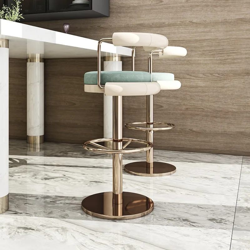 Polished Stainless Steel stationary meta foot Pedal Golden wooden High back Bar chair stool upholstered velvet fabric cushion