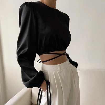 Sexy Backless Crop Top Lace Up Wrap Top Ladies Elegant Women Satin Shirt Silk O-Neck Blue Spring Summer Blouse