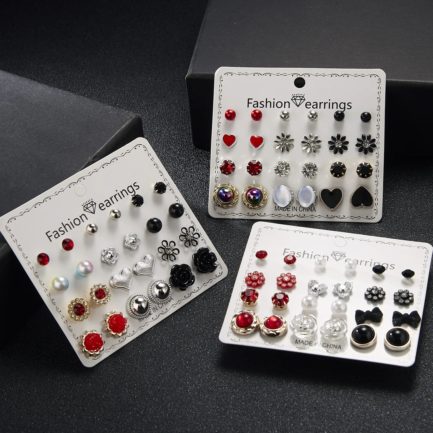 wholesale fashion jewelry 12 pairs/set love flower rhinestone pearl earrings set for women