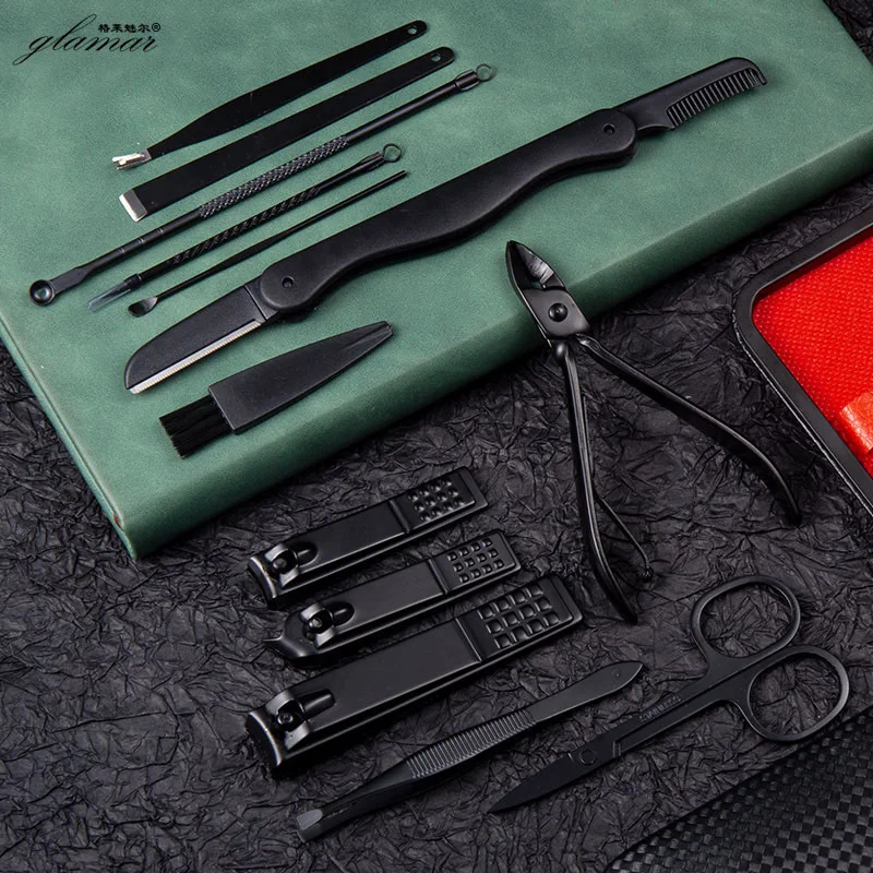 High Quality Luxury Black 18 pcs Manicure Set Stainless Steel Disposable Mens Manicure Set and Cutter nail Makeup Tool Sets