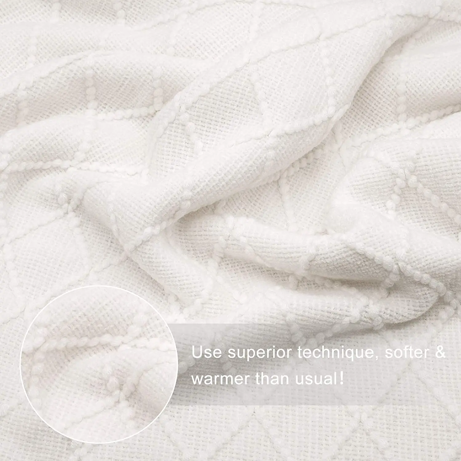 Modern customize 50 x 60 inches luxurious waffle cozy white woven knitted tufted throw blanket with tassels