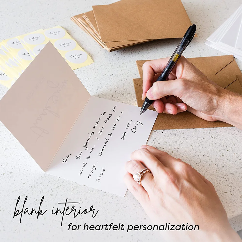 4x6 Inch Minimalist Design Folded Wedding Blank Thank You Cards with Kraft Envelopes and Matching Stickers