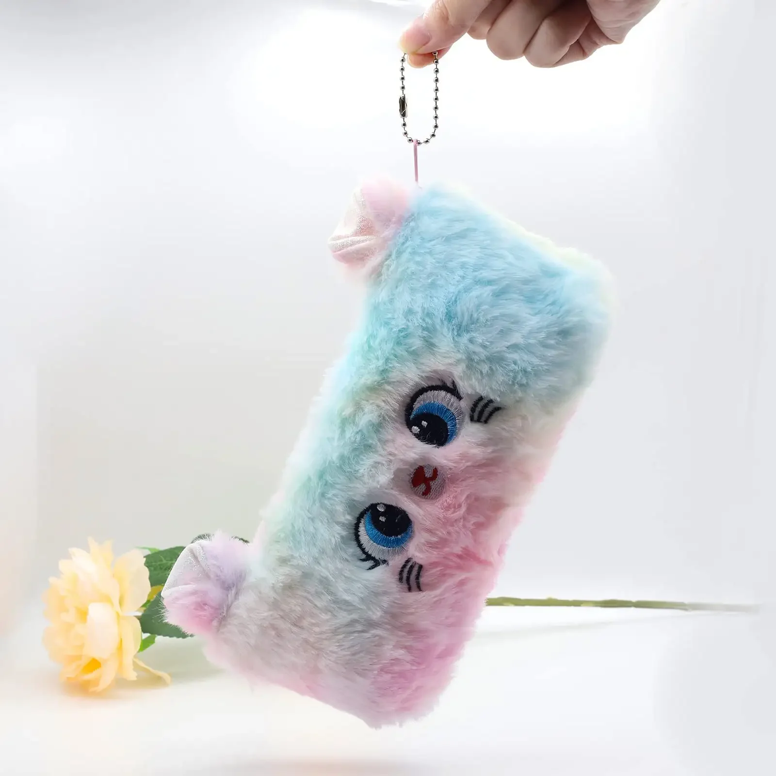 Plush Cat Pencil Case Cute Gradient Colorful Pen Bag Soft Makeup Pouch Coin Purse Storage Stuffed Animal Bag for Women Office