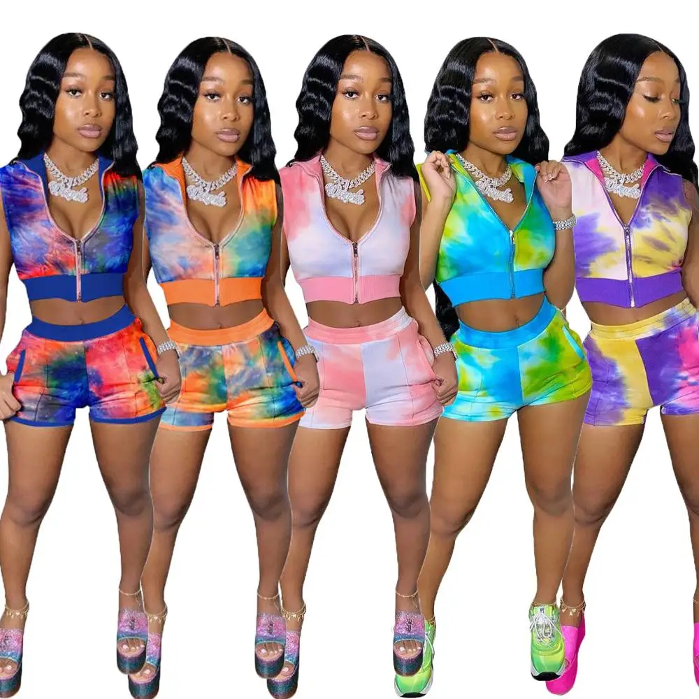 
2020 Women Two Piece Set Clothing Outfits Women Tie Dye Jumpsuits And Rompers Tracksuits Biker Short Sets 2 Piece Pant Sets 