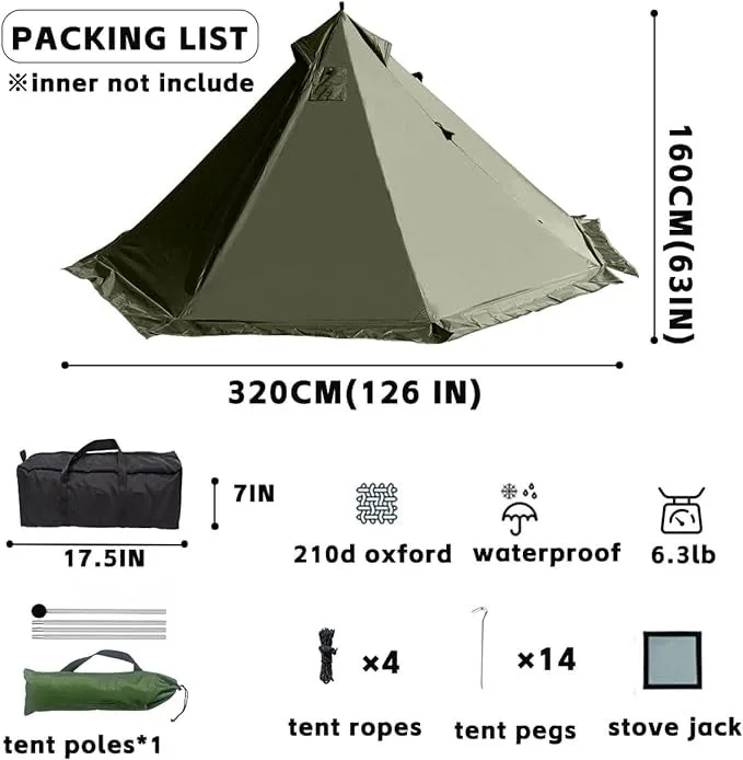 1 Person Winter Teepee Tent 4-Season Backpacking Survival Hunting Fishing Hot Wood Stove Jack for Camping