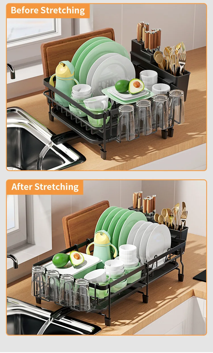 Custom Factory Sales Black Color  Metal Dish Cup Bowl Storage Rack Expanded Dish Drying Rack Folding Rack With Draining Plate