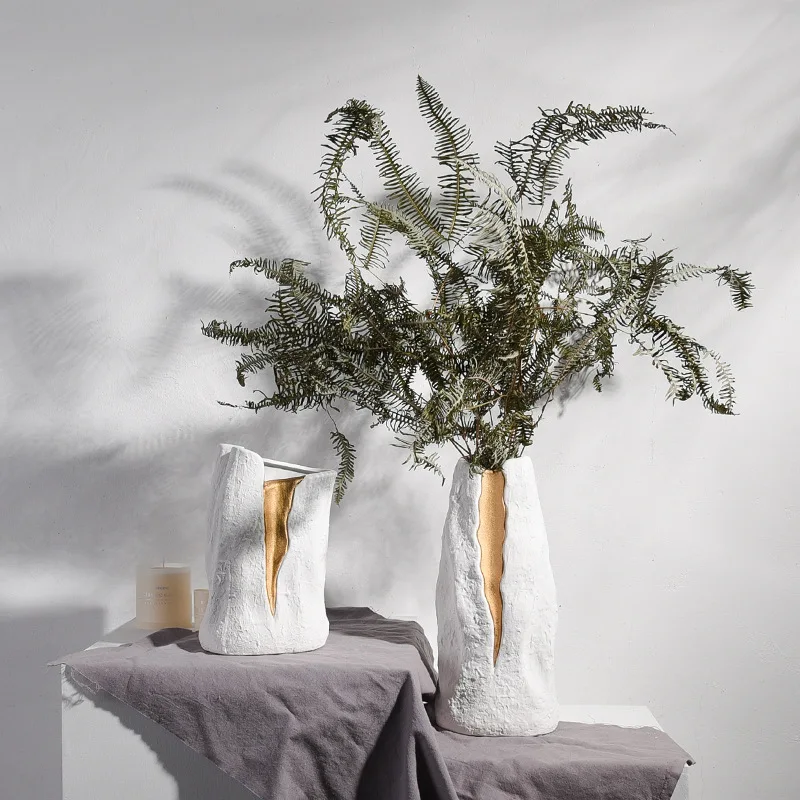 Nordic style art gold crack decorative home flower handmade white black table vase ceramic and porcelain vases for decoration
