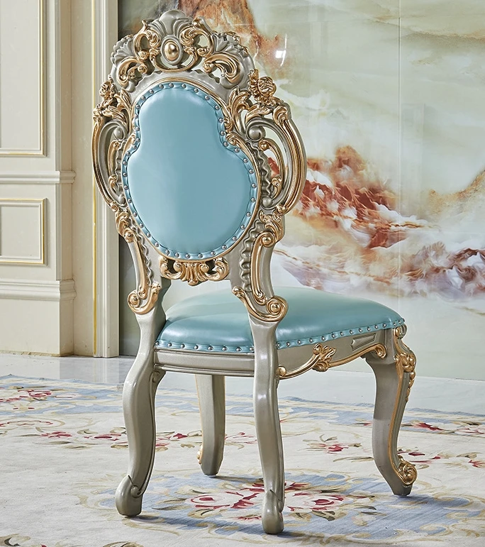 European Antique Home Furniture Luxury Wooden Dining Table 6-8 Chairs Hand Carved Gold Dining Set