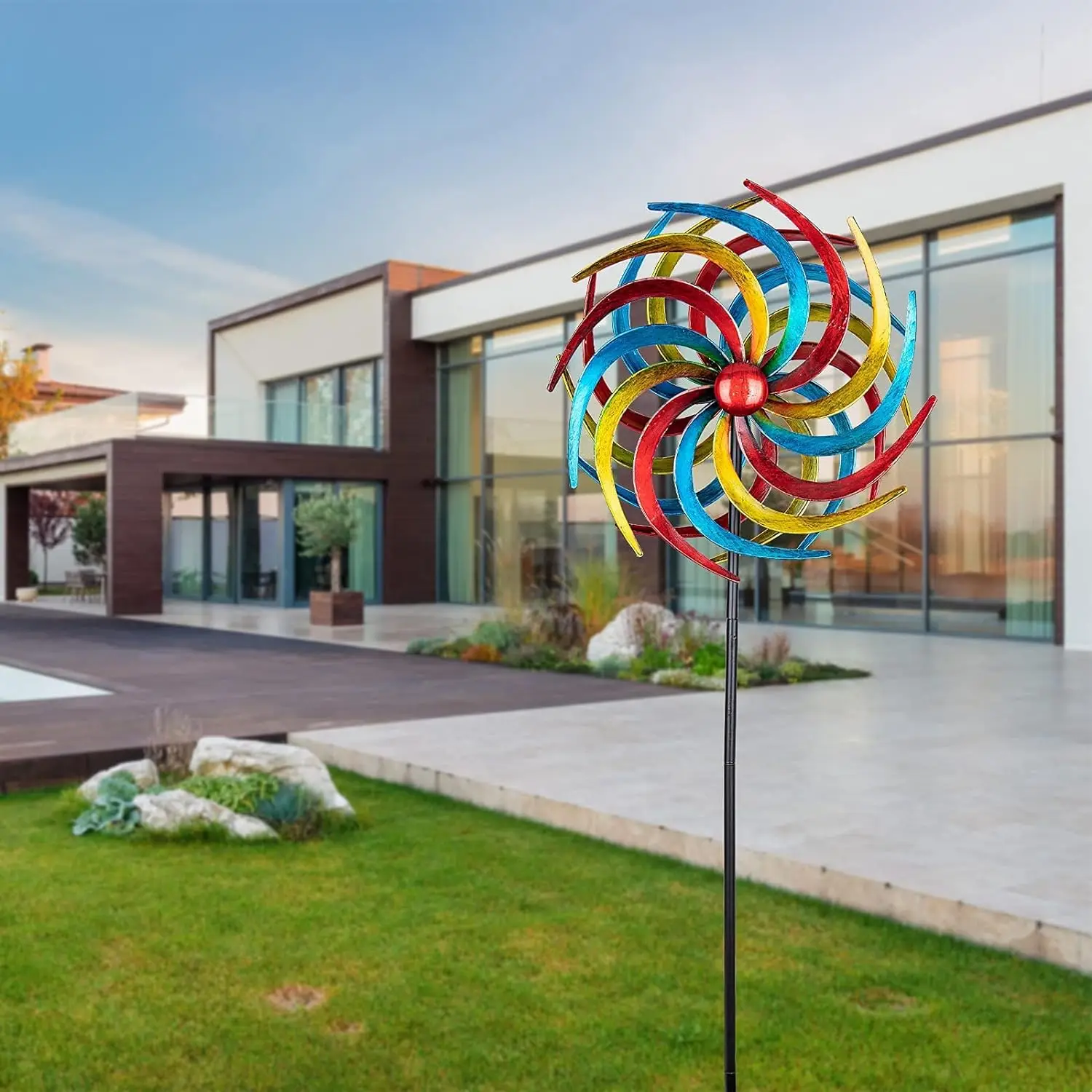 Wind wheel willow leaf colorful Kinetic sculpture Metal windmill with pilings garden courtyard outdoor mid-century modern decor