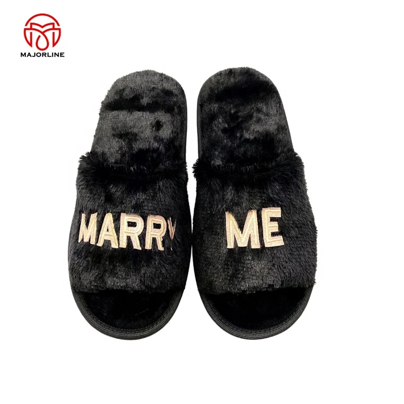 OEM full customized Winter Plush Furry one band Open Toe Indoor embroidery Logo  Warm Faux Rabbit Fur Women Cozy Slippers